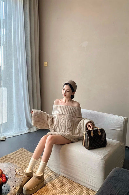 25Dec. Romantic慵懶純慾vibe一字領麻花針織上衣 卡