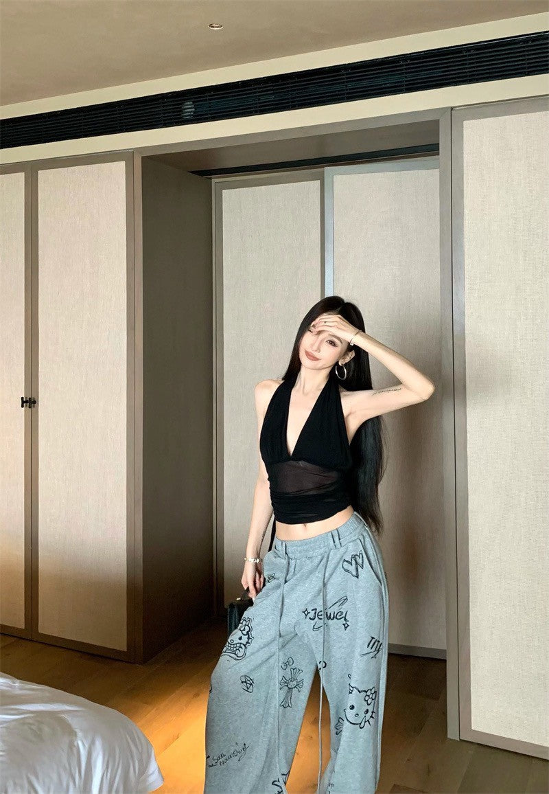 Jun. 繆斯情話 復古大挖背網紗掛脖背心 黑