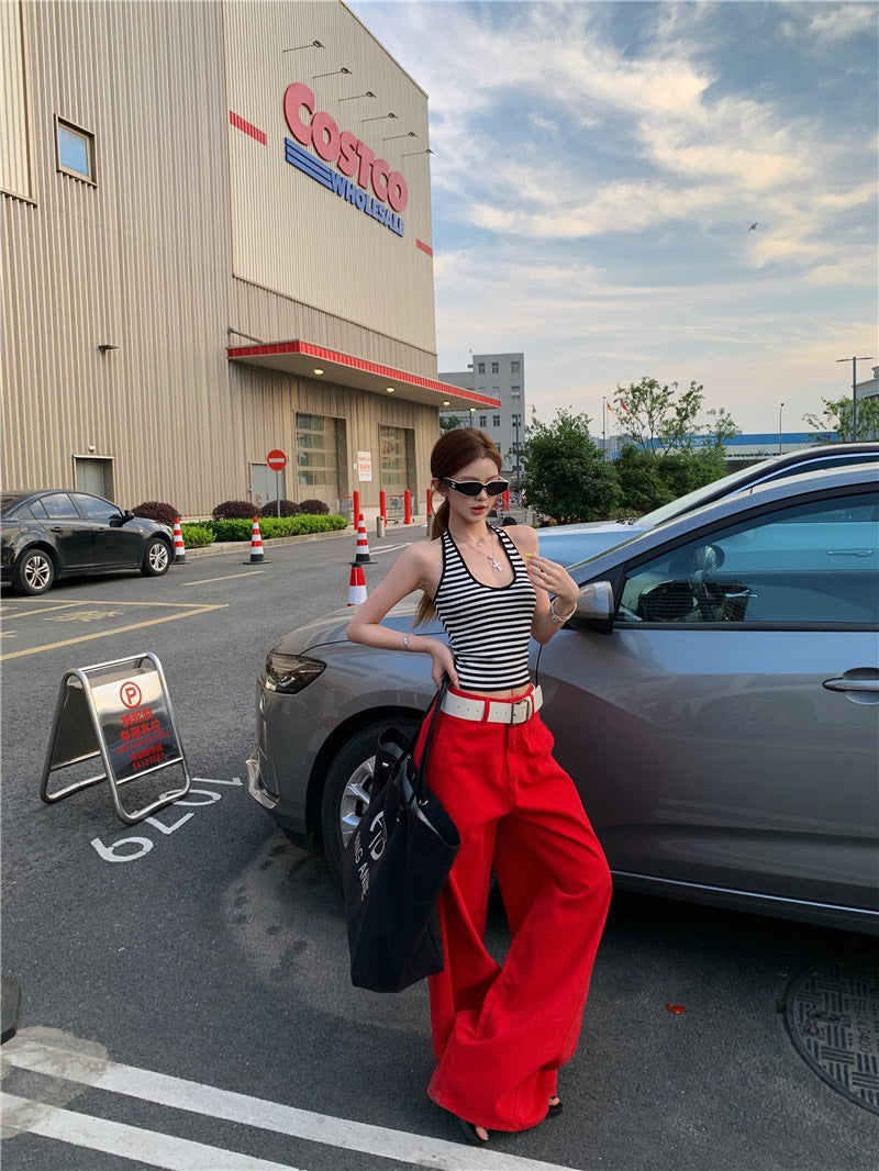 Jun. 經典炸街step高彩度紅色闊腿休閒褲 百搭條紋掛脖背心