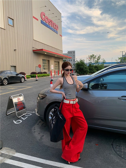 Jun. 經典炸街step高彩度紅色闊腿休閒褲 百搭條紋掛脖背心