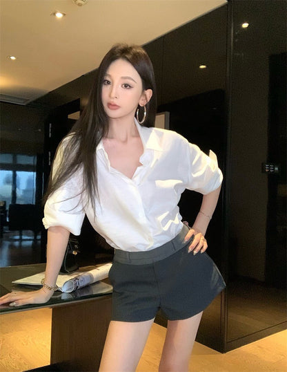 25Jul. 休閒時尚 簡約設計襯衫 拼色褲頭短褲