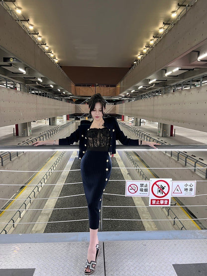 Mar. B牌金釦 高雅紙片人針織半身裙套裝 黑