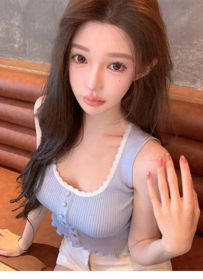 26Jun. 鈴蘭少女蕾絲波浪針織背心 藍