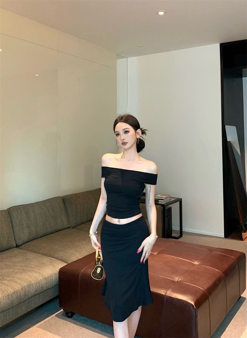 25Sep. 輕熟御姐一字領七分裙套裝 黑