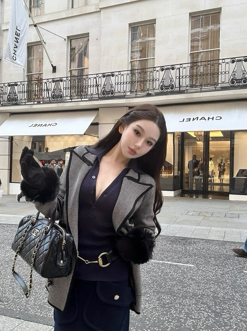 26Jan. 法式老錢 細膩polo排扣針織長袖上衣 白/藍