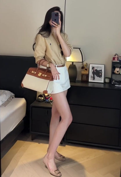 25Oct. 日常ballet 優秀版型棉麻刺繡老錢襯衫 卡其色/修身短褲 白色