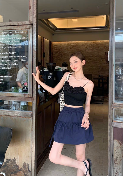 May. 梨花洋溢 俏皮立體花朵背心 粉/黑 顯瘦藍色A字裙