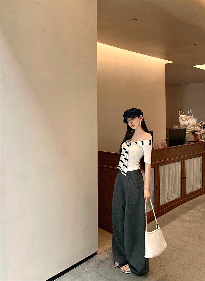 Jun. 時髦穿 針織綁帶一字領上衣 高腰灰色闊腿褲