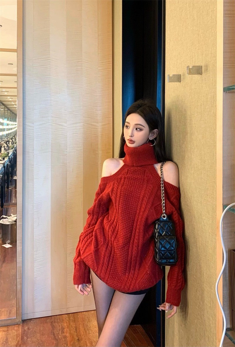 Feb. 復古序曲 麻花高領露肩針織上衣 紅