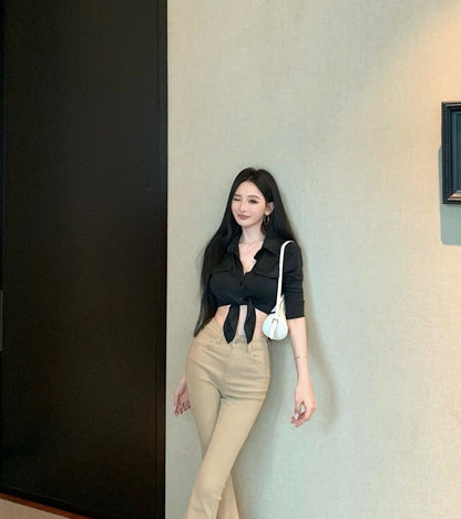 Jun. 辣復古 綁帶短款襯衫 黑 高腰卡其修身喇叭褲