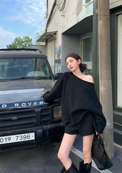 Apr. 美式慵懶 松露黑針織不規則上衣 短褲
