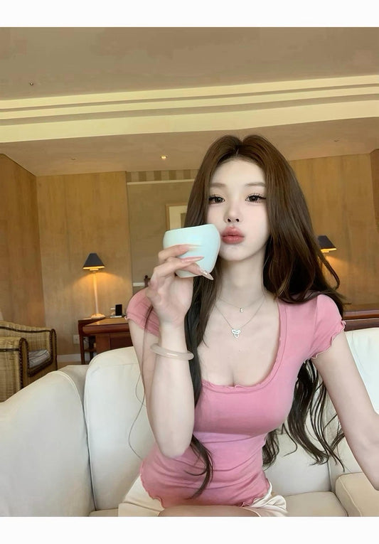 26Jul. 美慾奶tee可愛花邊U領上衣 粉