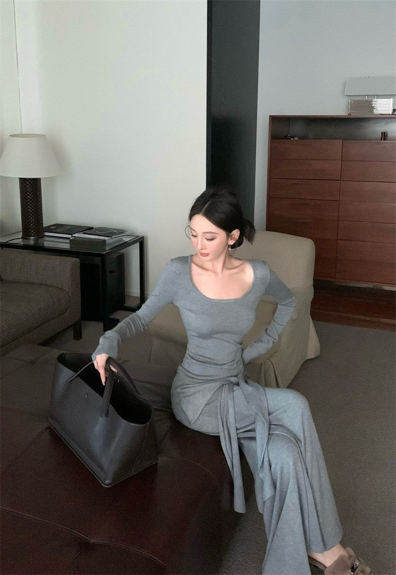 May. Lu系紙片系列 大U領上衣假兩件式綁帶休閒褲套裝 灰