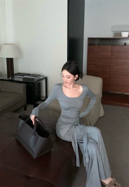 May. Lu系紙片系列 大U領上衣假兩件式綁帶休閒褲套裝 灰