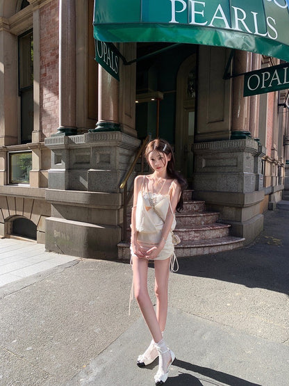 Mar. 豆蔻少女 立體繡花拼接蘯領抽繩連身裙 白