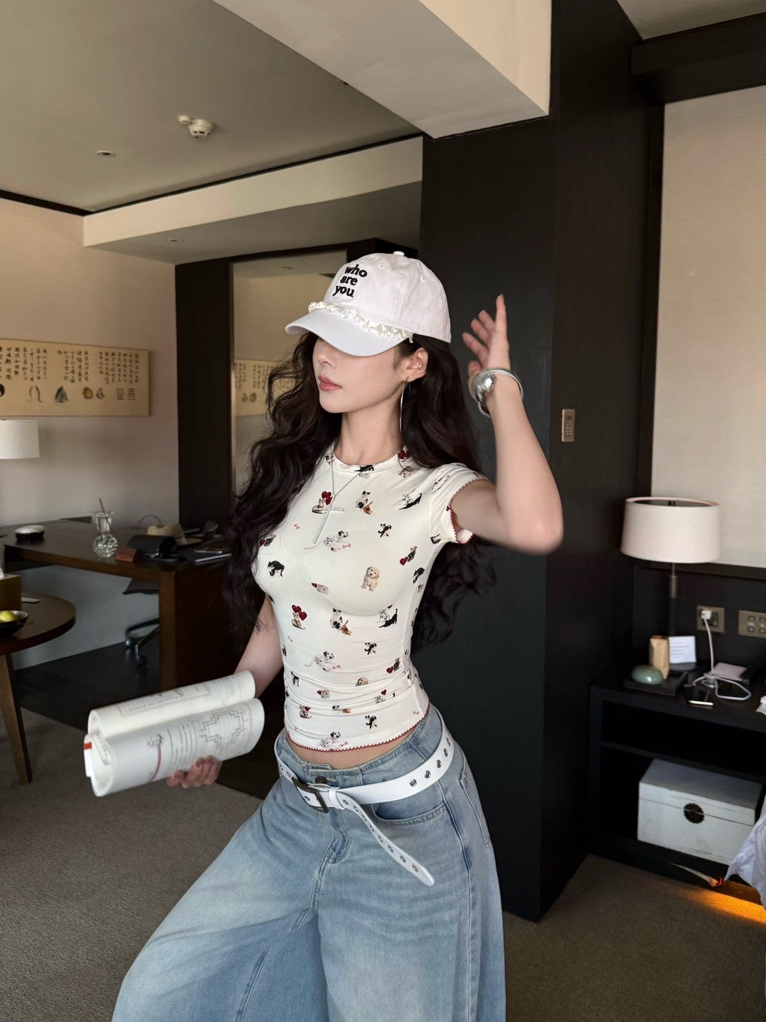 May. Puppy修勾貓咪 美式彈力正肩上衣