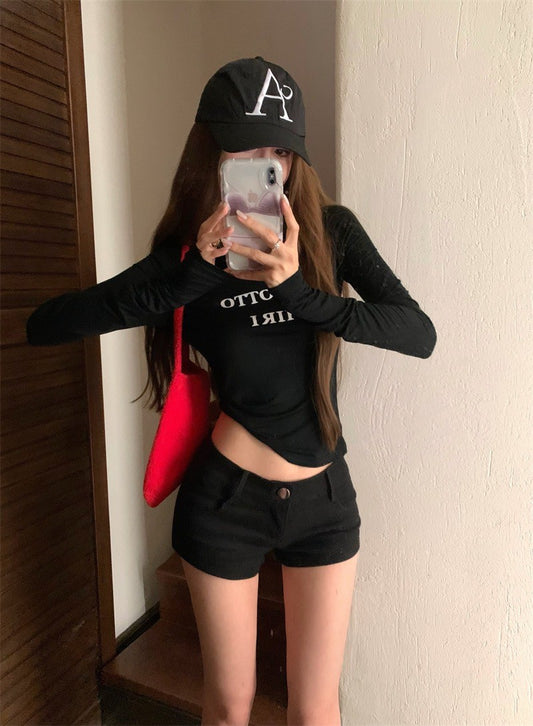 Jun. 歐美時髦精修身字母彈力上衣 顯瘦低腰短褲 黑色