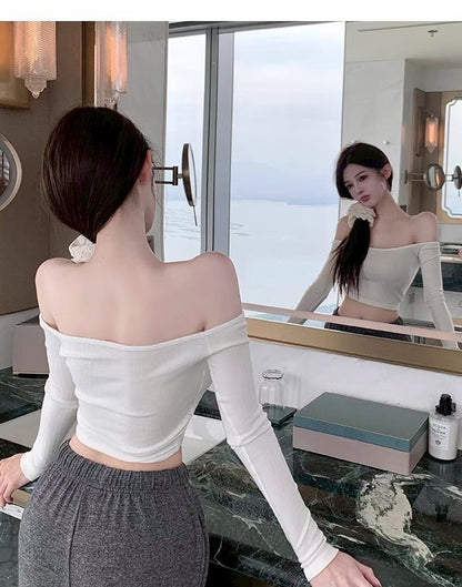 May. 神仙小t 一字領純欲短款上衣 白