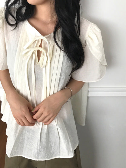 25Aug. 甜美花瓣袖娃娃領襯衫 藍/米杏