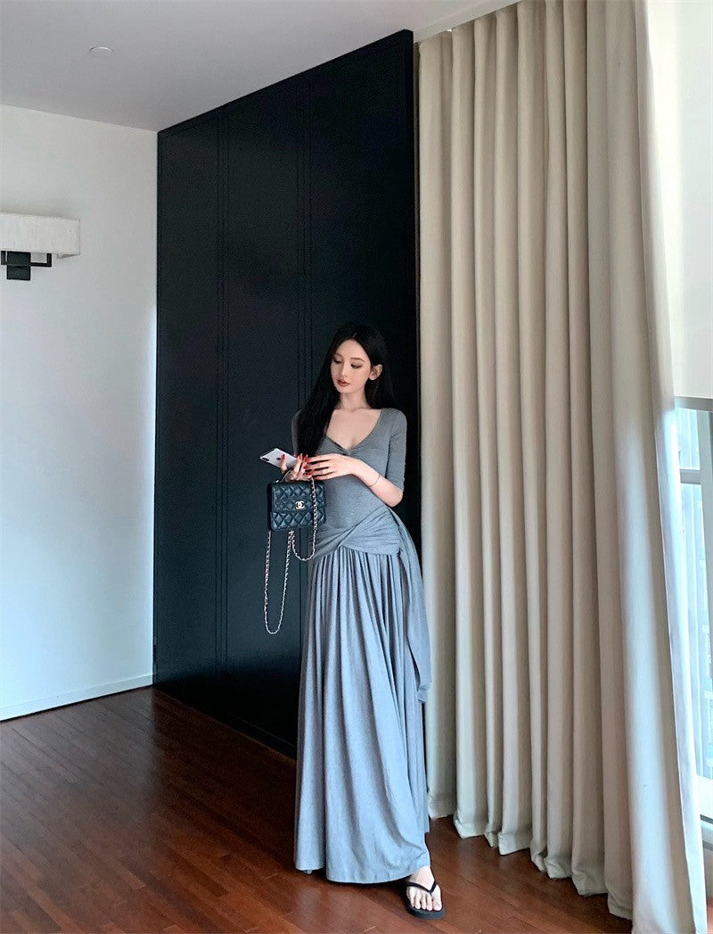 25Aug. 簡約韓系V領褶皺紙片連身裙 灰