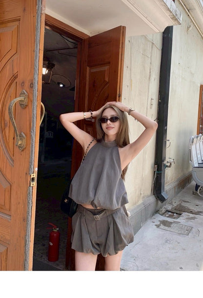 25Jul. 金珍妮同款私服 工裝掛脖花苞背心套裝