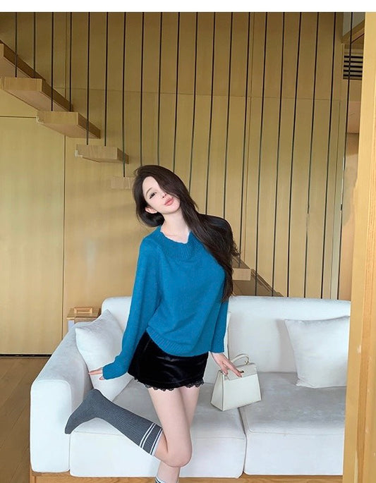 25Nov. 高級松石綠顯白寬鬆針織長袖上衣