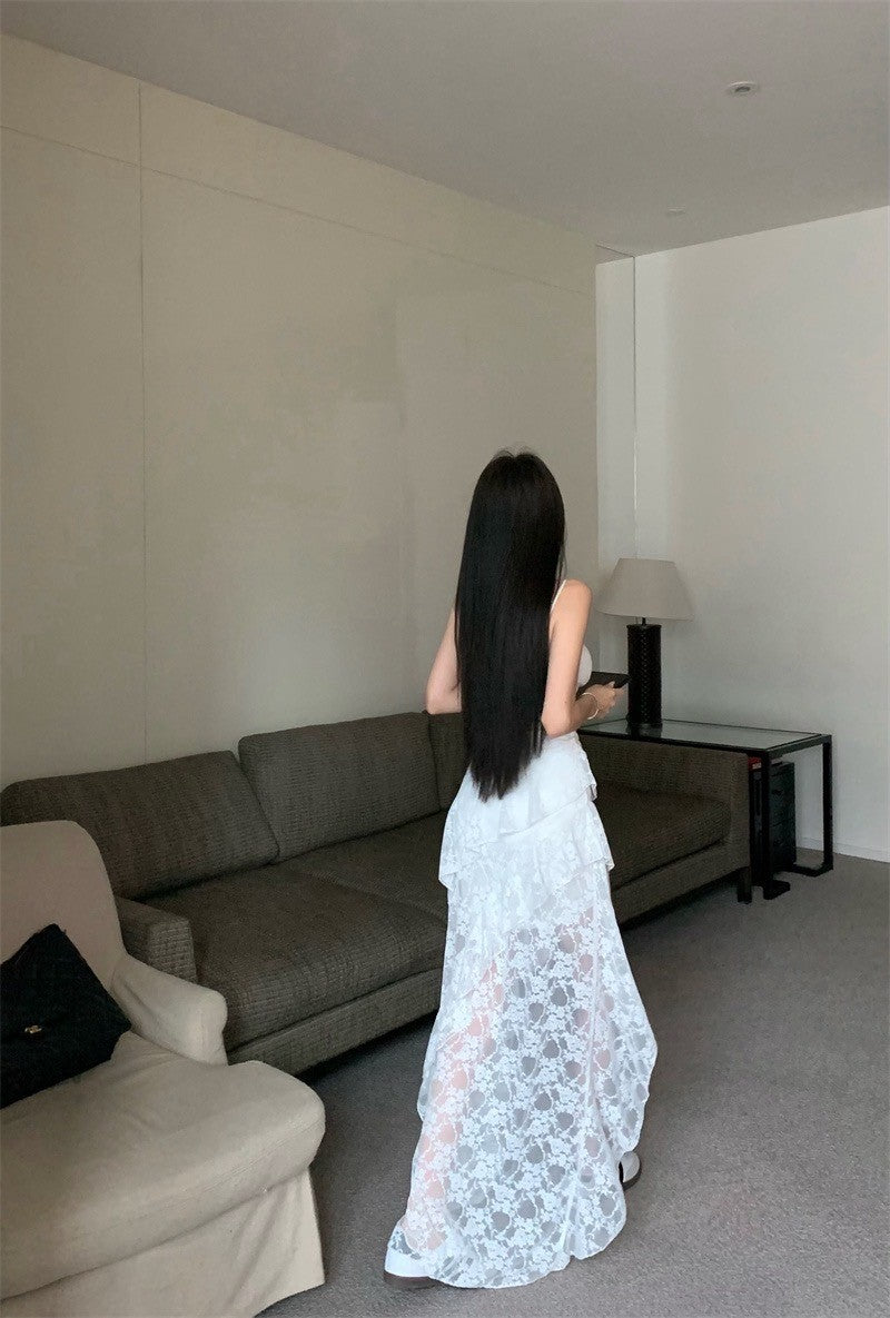 Mar. 與愛共舞 芭蕾蕾絲不規則蕾絲裙擺連身裙 白