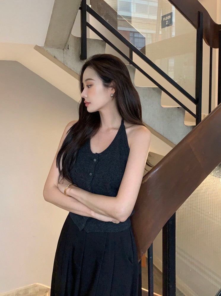 Oct. 友好疊穿 針織排扣後背挖空背心 灰