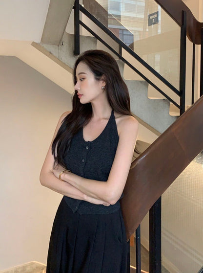 Oct. 友好疊穿 針織排扣後背挖空背心 灰