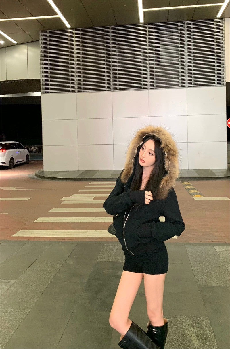 Jan. 奶貓狙擊 通勤慵懶毛毛連帽外套 黑