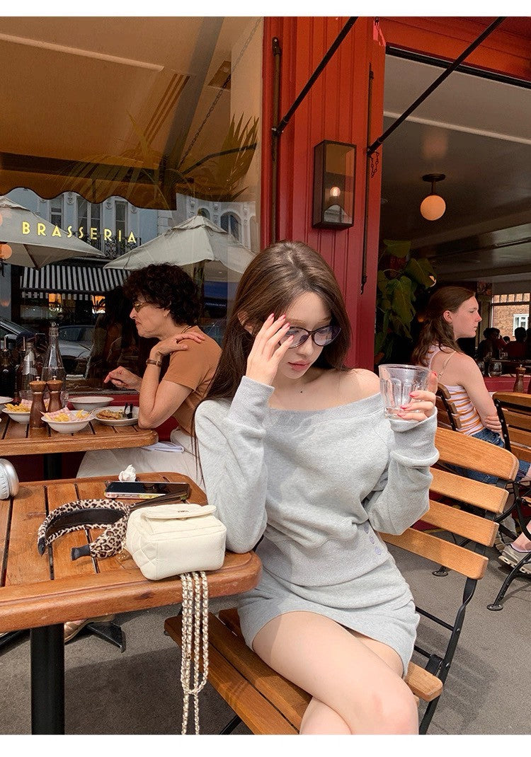 25Oct. 海德度假風 慵懶斜肩設計感半身裙套裝 灰