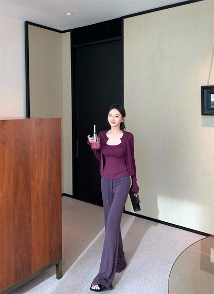 25Dec. 韻味熟女簡約針織上衣2件套 抽繩休閒褲 紫色系