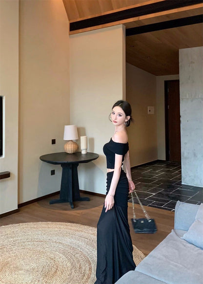 Jun. 淺辣girl 復古一字領透紗半身裙套裝 黑