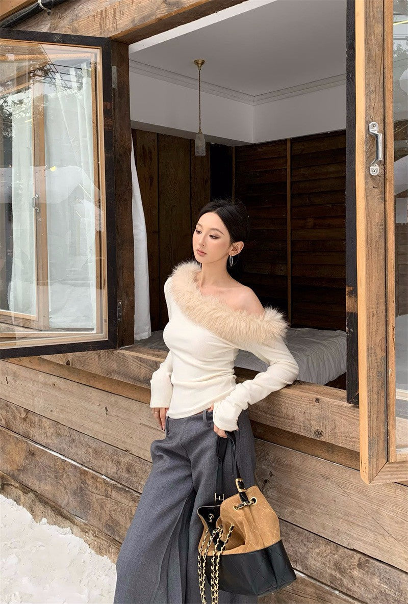 26Jan. 香肩反叛一字領毛毛長袖上衣 杏