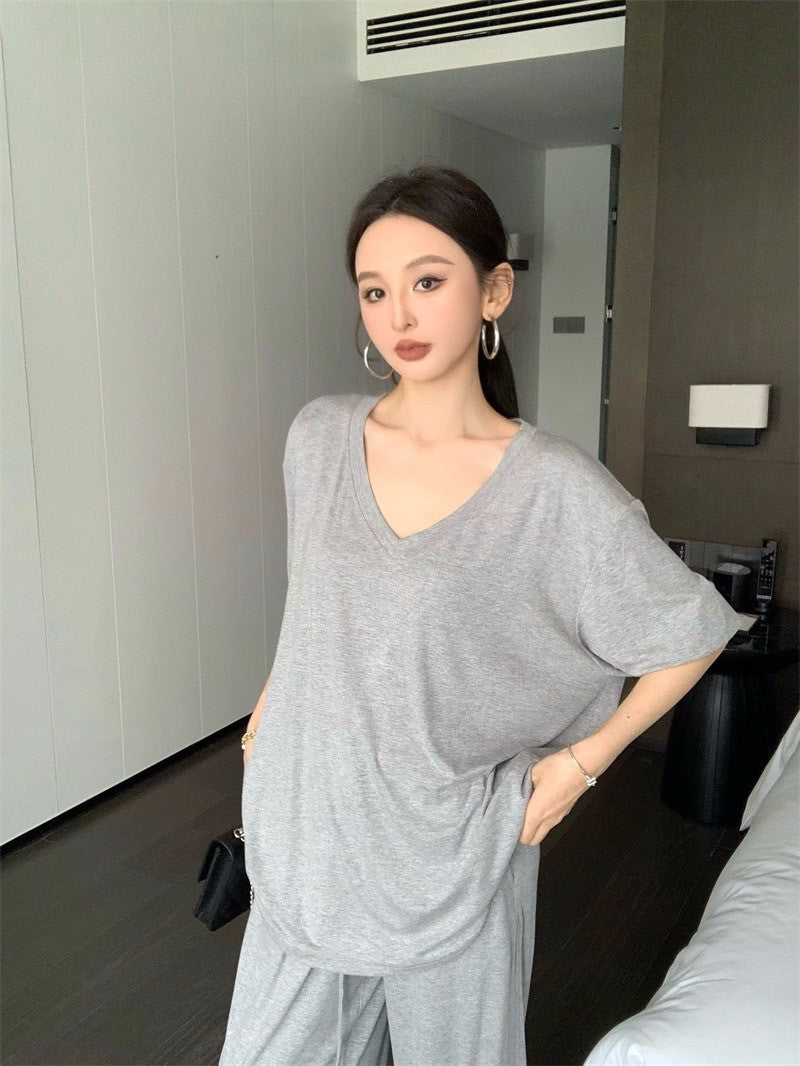 Jun. 慵懶api瘦瘋紙片人長褲休閒套裝 淺灰/深灰