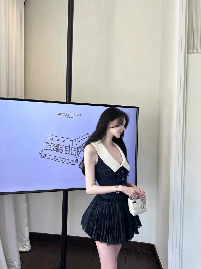 25Aug. 文藝復興Lu家高訂秀款撞色低領針織背心網紗半身裙套裝