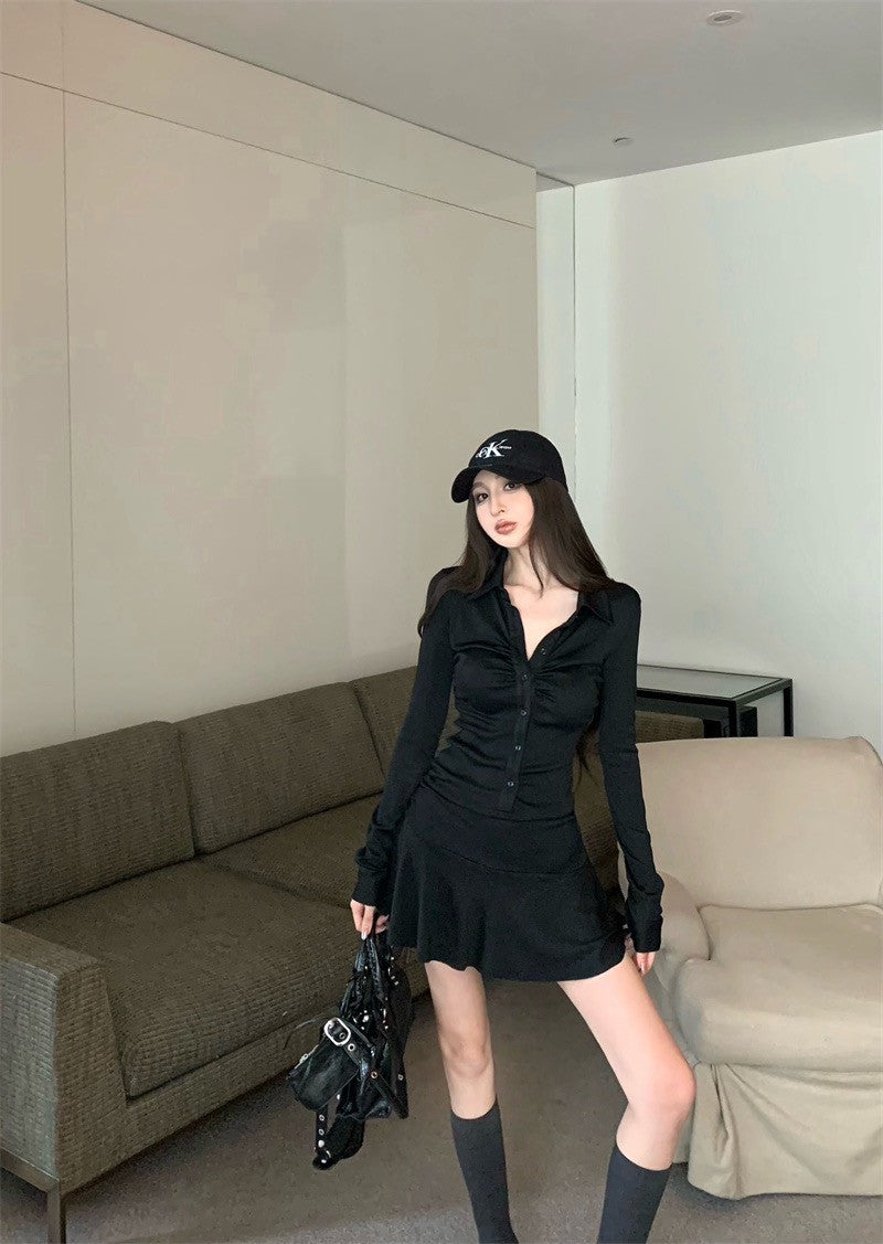 25Jul. 休閒黑色系褶皺襯衫拼接連身裙