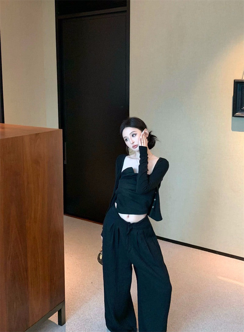 Jun. Origin 自然老錢 不規則抹胸高腰闊腿褲套裝 黑