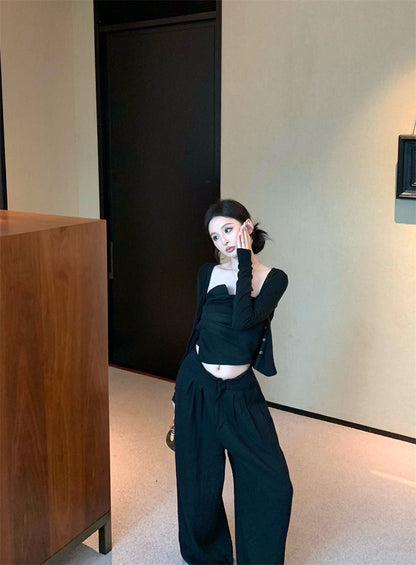 Jun. Origin 自然老錢 不規則抹胸高腰闊腿褲套裝 黑