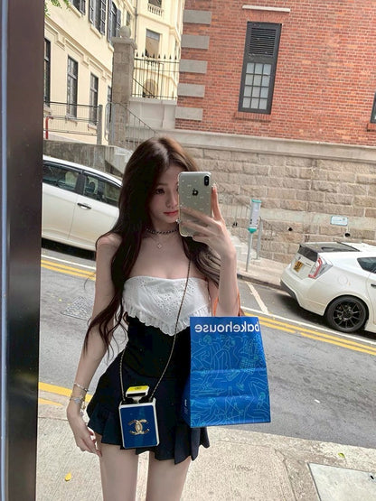 Jun. 純甜歐蕾 撞色繡花魚骨抹胸上衣