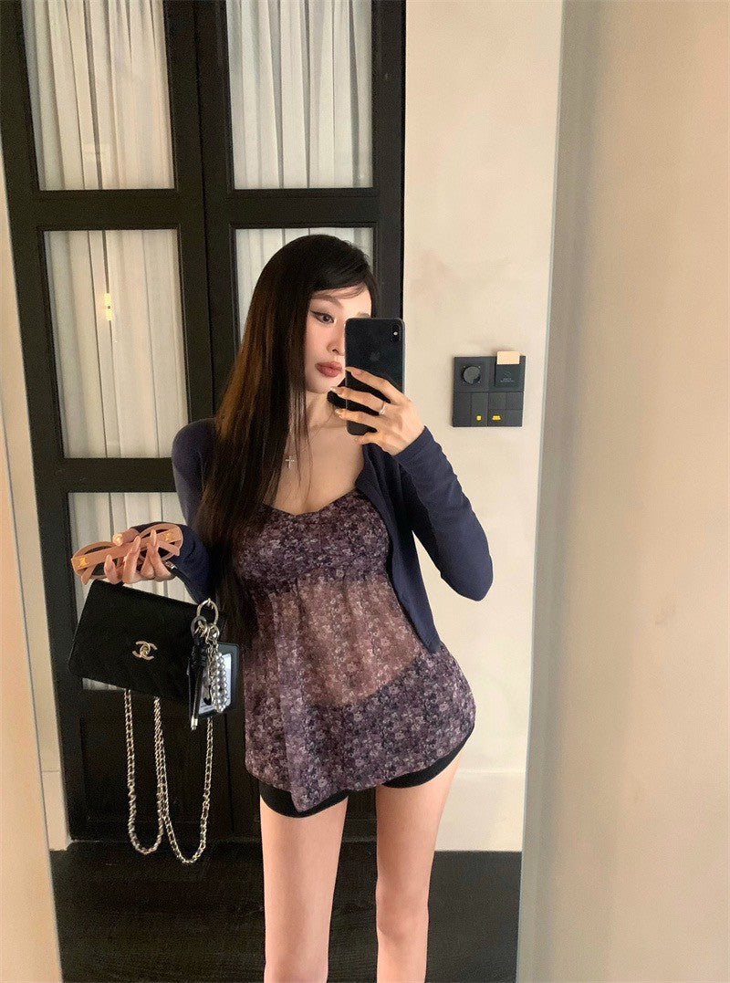 May. Za秘境花園 法式雪紡碎花背心 藍色小罩衫