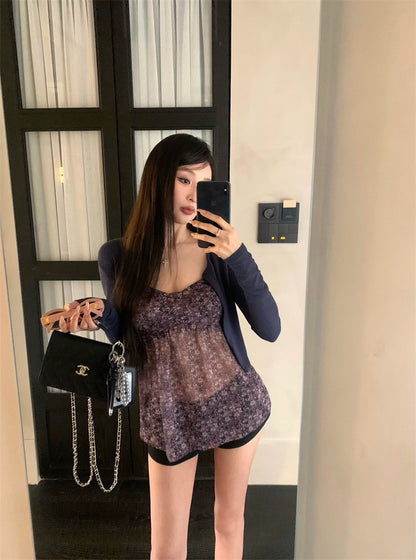 May. Za秘境花園 法式雪紡碎花背心 藍色小罩衫