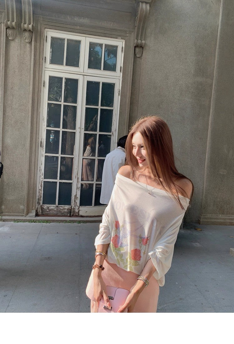 25Aug. 休閒透棉薄料金珍妮同款斜肩上衣