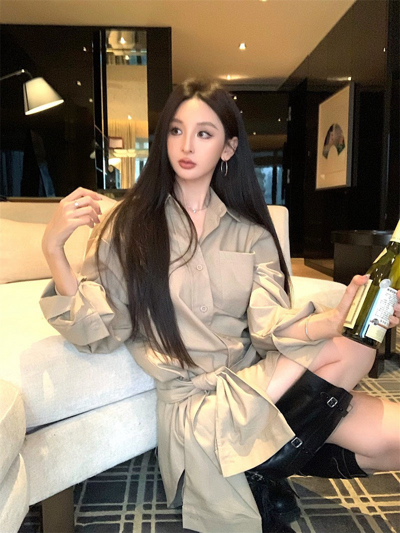 25Nov. 愛逗私服慵懶個性繫帶式襯衫裙 卡其