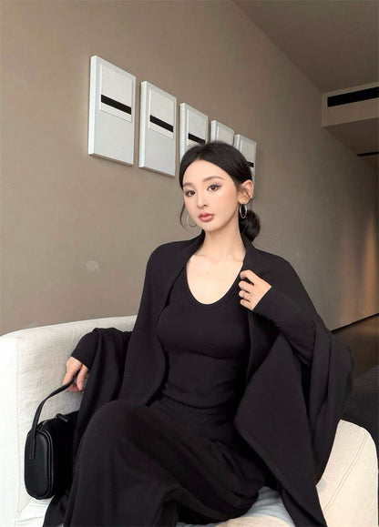 25Dec. 舒適至上多用式披肩U領長袖打底休閒褲三件套 黑