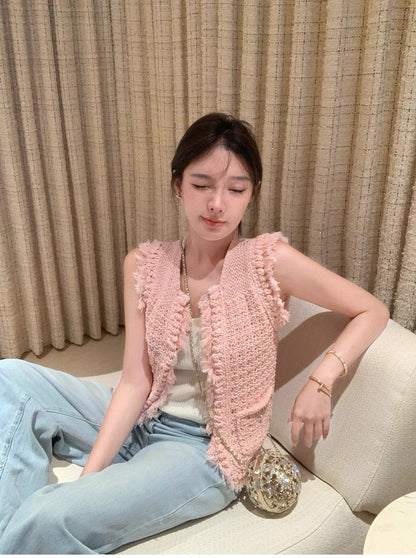 25Oct. 小香手工坊COCO粉色粗針鬚邊針織馬甲