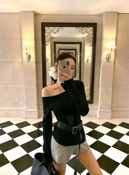 Mar. 美式墜愛 氣質修身斜領針織上衣 黑