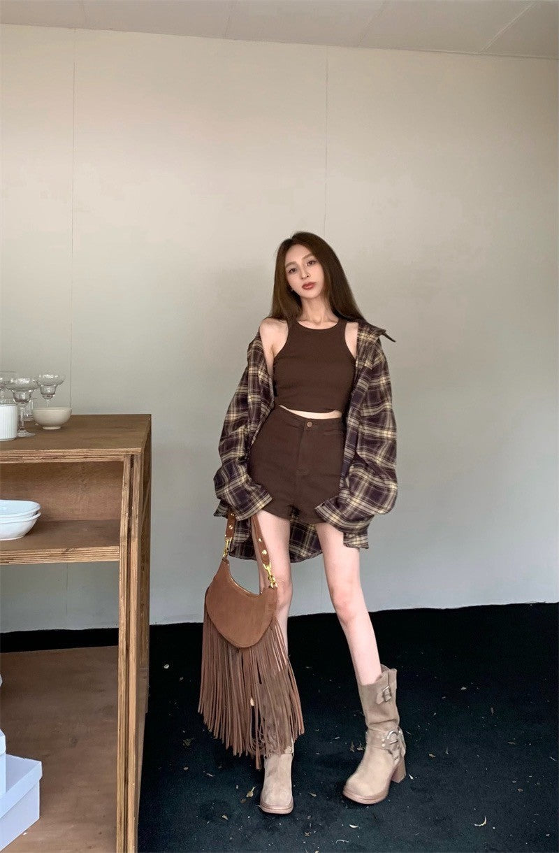 Mar. 復古美拉德 慵懶寬鬆格紋襯衫 消肩背心 修身短褲