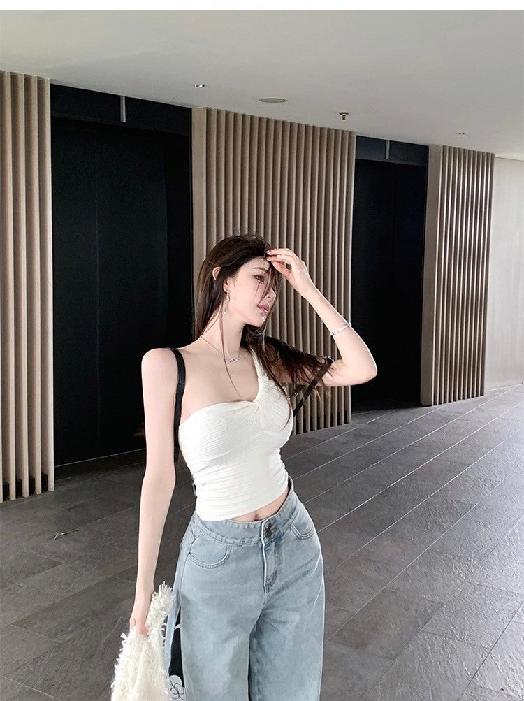 Mar. 有點小心機! 單肩豎坑文針織背心 白