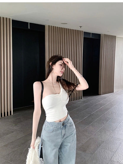 Mar. 有點小心機! 單肩豎坑文針織背心 白